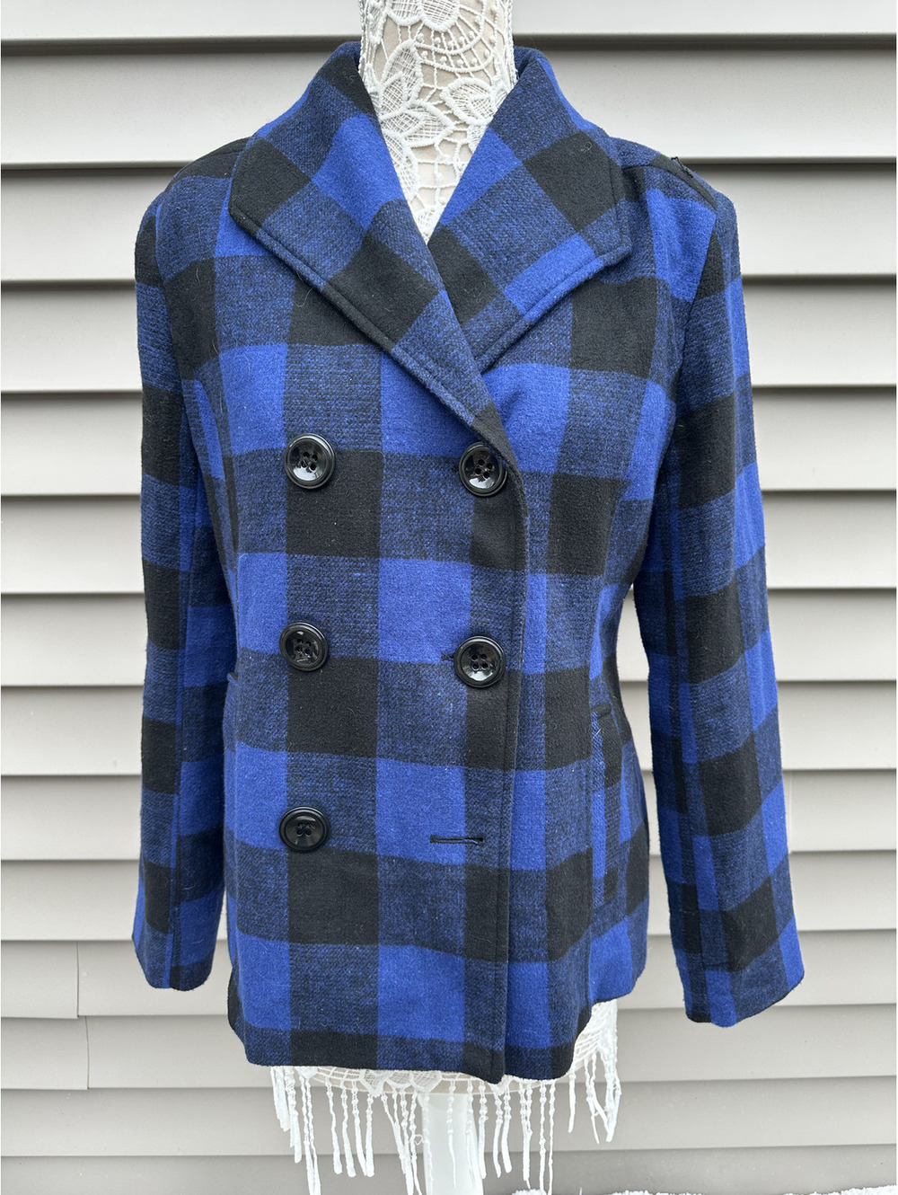 Rampage Blue and Black Plaid Peacoat Jacket Classic Fall Winter Outerwear